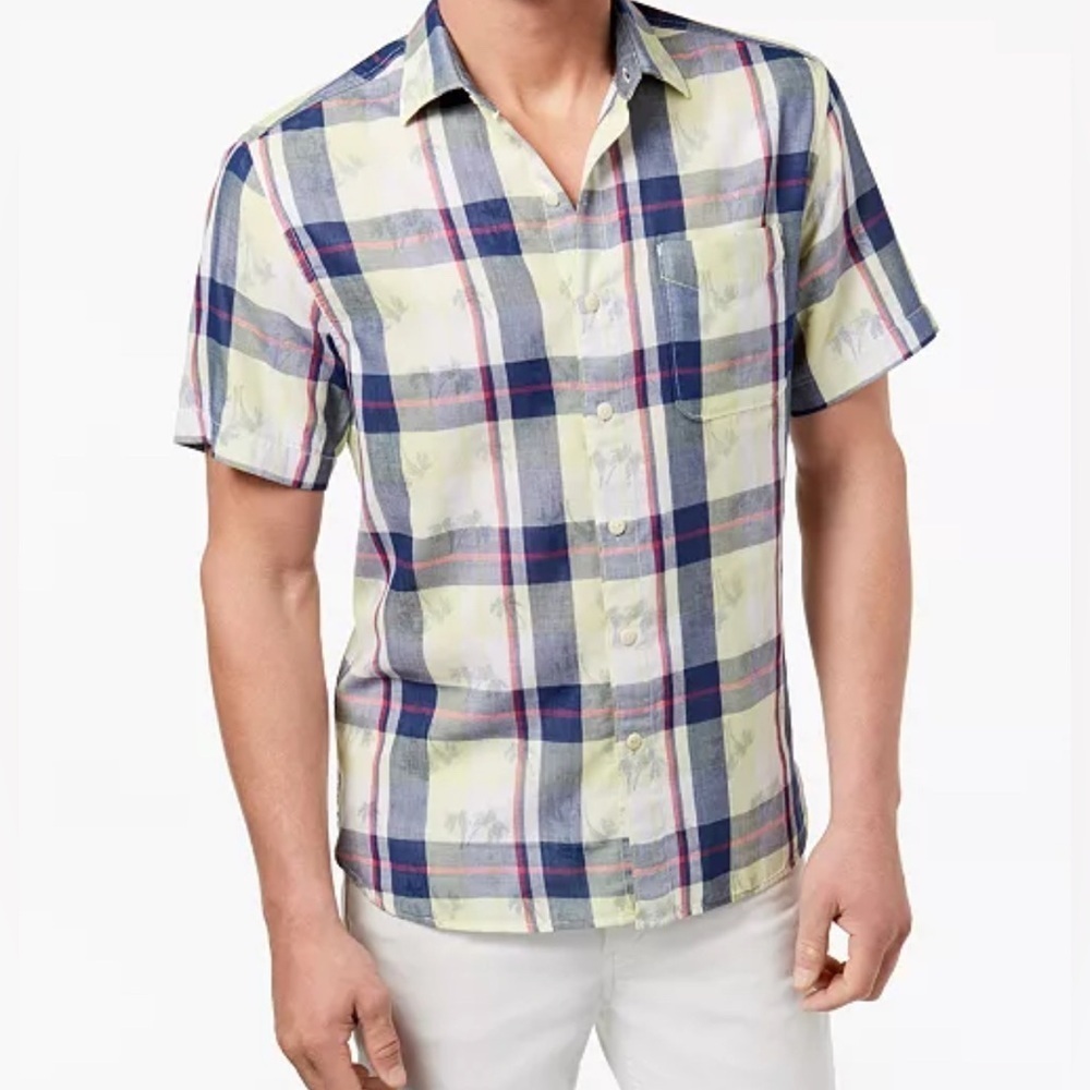 Tommy Bahama Men's Plaid Floral Print Cotton Short Sleeve Shirt Size XL